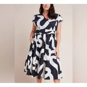 Anthropologie Maeve Mairead Black & White Midi Dress with Pockets Size: 12